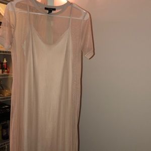 Sheer cream midi dress with fitted champagne slip